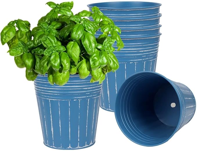 6 Inch Steel Blue Metal Rustic Flower Pots - 6Pcs Galvanized Planters with Drainage Hole and Rubber Plug, Rustproof Metal Bucket Plant Pots Farmhouse Vintage Style for Decor