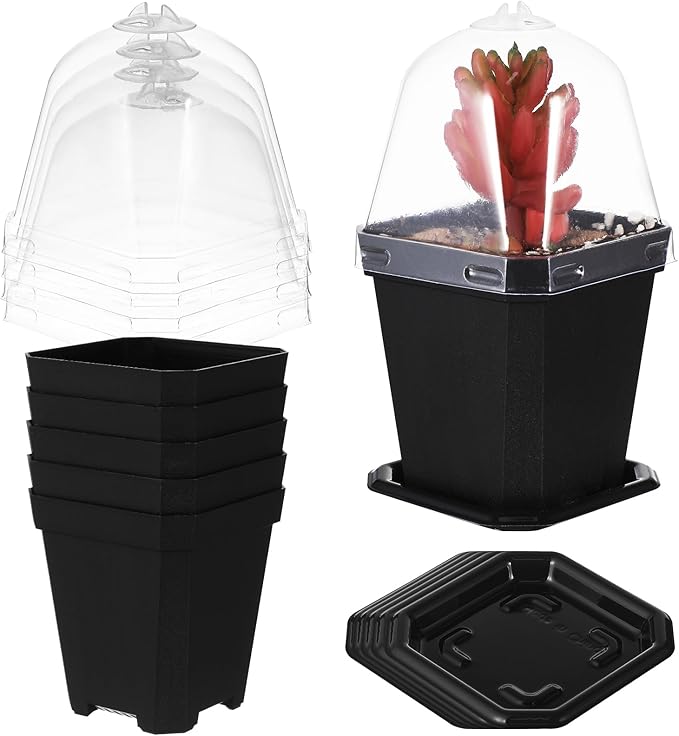 Black Plant Nursery Pots: 5Pcs Seeding Starter Pots, 3 Square Nursery Pot with Humidity Dome, Plastic Plant Container for Garden Vegetable Flower Germination