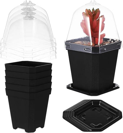 Black Plant Nursery Pots: 5Pcs Seeding Starter Pots, 3 Square Nursery Pot with Humidity Dome, Plastic Plant Container for Garden Vegetable Flower Germination