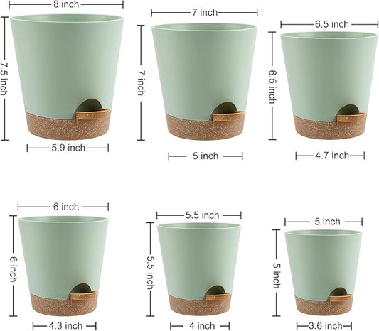 Indoor Self Watering Planters with Drainage Holes and Saucers, 8, 7, 6.5, 6, 5.5, 5 Inches, 6 Pots（Green+Brown