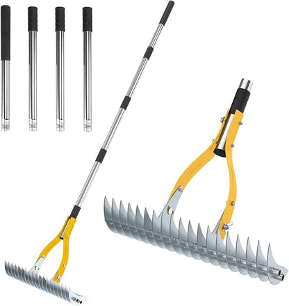 TOOVEM Thatch Rake, 15-inch Lawn Thatching Rake with Heavy Duty Steel Tines & Ergonomic Handle, 70-Inch Professional Dethatching Rakes for Effective Lawn Care, Garden & Yard Tool