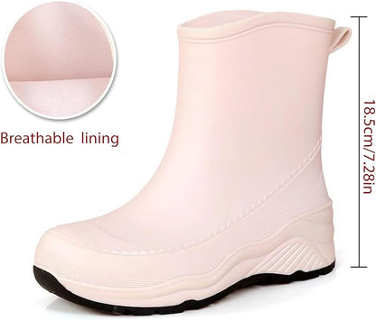 Women'S Chunky Platform Rain Ankle Boot Fashion Comfort Round Toe Waterproof Anti-Slip Thick Sole Pull On Garden Chelsea Rain Boots for Outdoor Work Booties