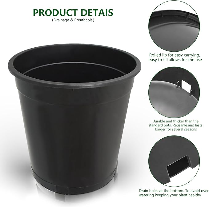 10-Pack 5 Gallon Round Planter Nursery Pots, Flower Plant Container Injection Molded Plastic Gardening Pots for Indoor Outdoor Vegetables, Succulents, Black