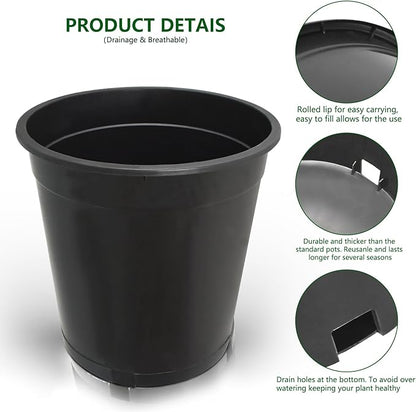 10-Pack 5 Gallon Round Planter Nursery Pots, Flower Plant Container Injection Molded Plastic Gardening Pots for Indoor Outdoor Vegetables, Succulents, Black