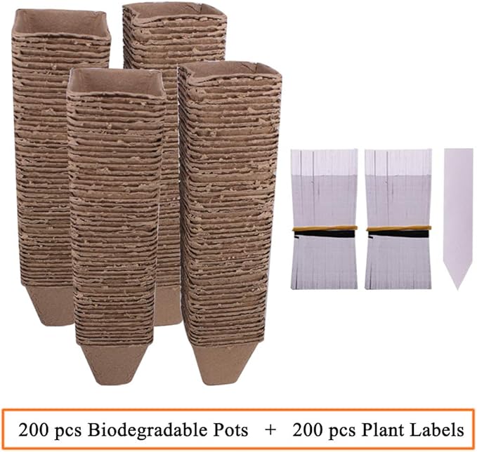 200 Pack 3.15" Square Biodegradable Peat Pots Plant Seedling Saplings & Herb Seed Starters Kit with 200 Pcs White Plastic Plant Labels