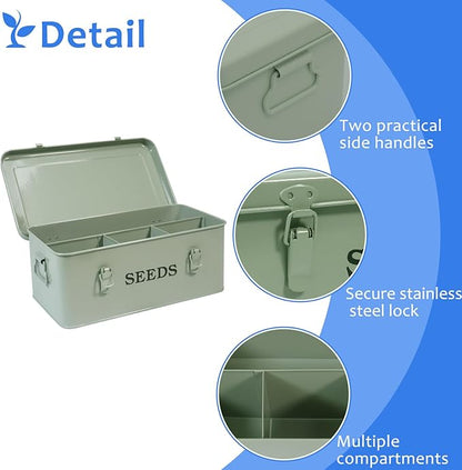 Seed Storage Box, Metal Seed Bin Seed Storage Organizer, 4 Dividers Seed Container with Safety Lock, Seed Box with Professional All-in-one Kit, Green