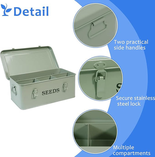 Seed Storage Box, Metal Seed Bin Seed Storage Organizer, 4 Dividers Seed Container with Safety Lock, Seed Box with Professional All-in-one Kit, Green