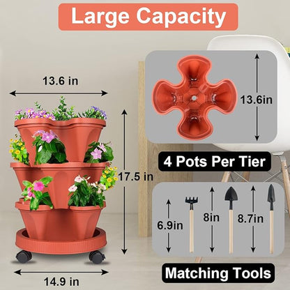 DUNCHATY Stackable Planters 3 Tier Vertical Garden Planting Tower Planters Strawberry, Herb, Flower, and Vegetable Planter Indoor Outdoor Gardening Pots with Removable Wheels and Tools, 2 Bundle