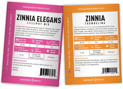 Gardeners Basics, Zinnia Seeds for Planting Outdoors Flower Seeds (5 Variety Pack) Thumbelina, Lilliput, Envy, Purple Prince and Pompon Varieties for Butterflies, Bees, Pollinators Wildflower Seed