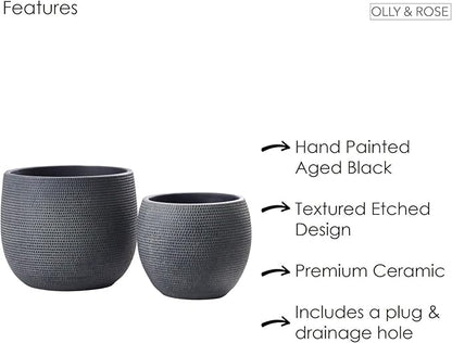Olly & Rose Barcelona Ceramic Plant Pot Set 2 - Black Flower Pots 7" and 5.5" - Indoor & Outdoor Planters (Black)