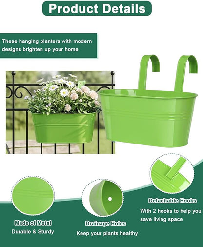 Metal Railing Planter for Outdoor Plants - 3 Pack Balcony Hanging Planter Box with Detachable Hooks and Drain Holes Oval Hanging Pots Fence Planters for Railing Garden Fence, Green Yellow Blue