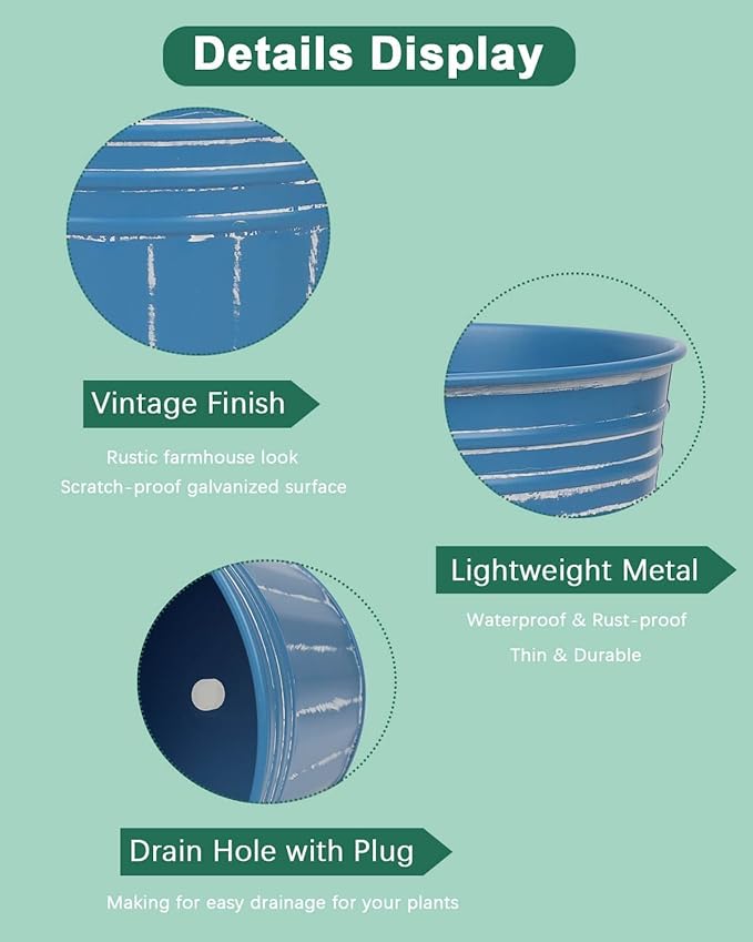 vensovo 5 Inch Blue Metal Rustic Flower Pots - 6Pcs Medium Galvanized Planters with Drainage Hole and Rubber Plug, Rustproof Metal Bucket Plant Pots Farmhouse Vintage Style for Decor
