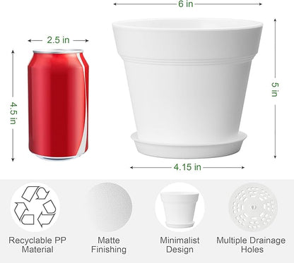 10 Pack Plastic Plant Pots with Drainage Holes and Tray, 6 inch Thickened Indoor Planters Seedlings Nursery Pots for Flowers, African Violet, Succulent and All House Plants, White