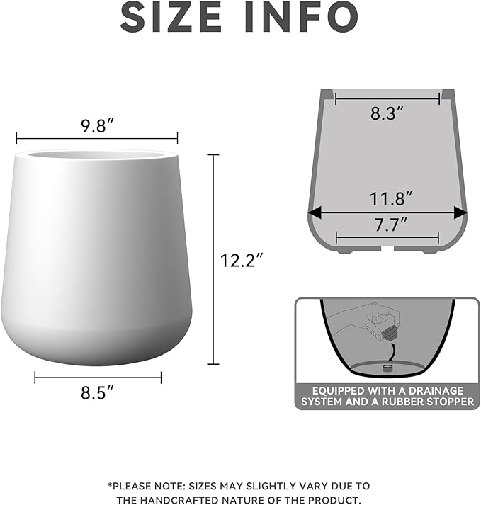 Kante 9.8-Inch Dia Round Concrete Garden Pot with Drainage Hole & Rubber Plug - Indoor/Outdoor Lagre Plant Pot for Home, Garden, Patio, White