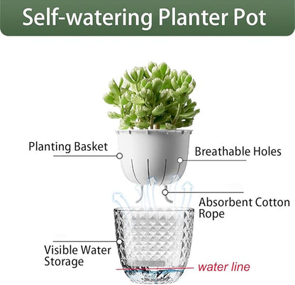 2 Pack 4 inch Self Watering Plants Pots Planters for Indoor Plants, African Violets Pots with Drainage Holes and Tray, Modern Plastic Flower Nursery Pots for Succulents,Herbs,Cactus