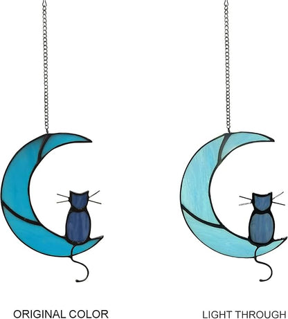 ZUAJITER Black Cat On Blue Moon Stained Glass Cat Hanging Ornament