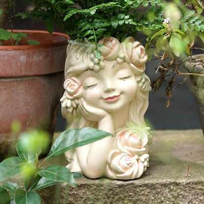 Decorative Garden Fairy Head Planter, Resin Flower Pot Sculpture, Pearl White with Rose Details