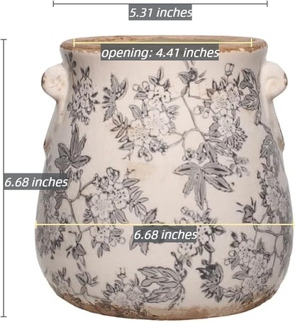 Rustic Farmhouse Ceramic Flower Pots, Vintage Antique Planters & Vase with Drainage Hole for Indoor/Outdoor, Handmade Crackle Glaze Terracotta Pottery Decor for Home Kitchen Office, Gardening Gifts
