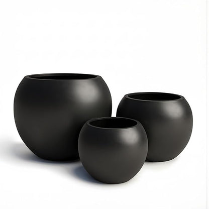 DTY Mount Sherman 16.1'' D x 13.6'' H (Pot Opening 11.8") Fiberstone Round Planter with Drainage Hole, Smooth Finishes, Weather Resistant for Indoor and Outdoor, 2 Extra Coco Mats - Black, Medium