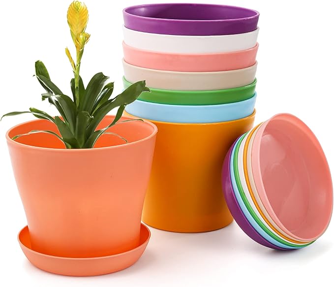 Tosnail 16 Pack 5.5 Inches Small Plastic Plant Flower Pot with Saucers, Seedlings Nursery Pots Planter with Pallet, Planting Gardening Containers - Assorted 8 Colors