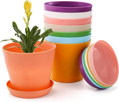 Tosnail 16 Pack 5.5 Inches Small Plastic Plant Flower Pot with Saucers, Seedlings Nursery Pots Planter with Pallet, Planting Gardening Containers - Assorted 8 Colors
