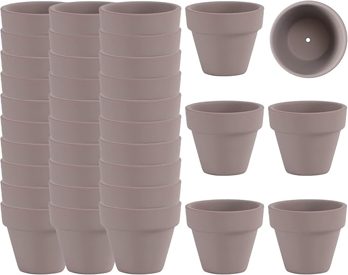 36 Mini Grey Flower Pots - 2 inch Clay, Cactus & Succulent Nursery Pots with Drainage Holes, Indoor/Outdoor Suitable