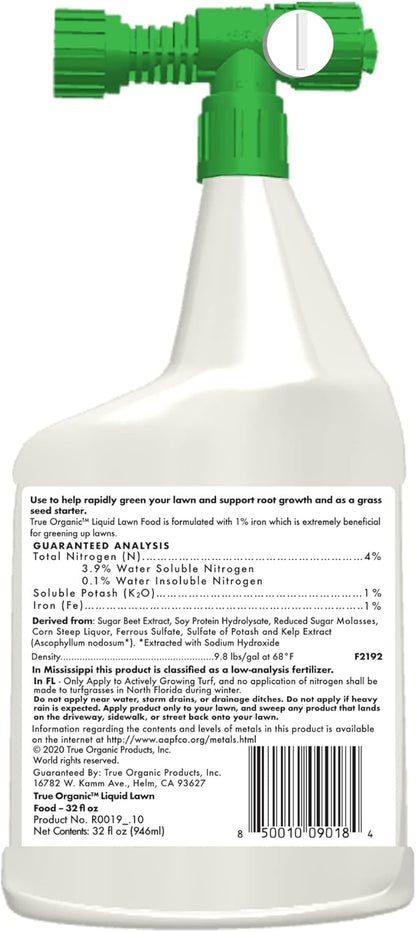 True Organic Liquid Lawn Food – Rapid Green-Up Lawn Fertilizer with 1% Iron – Covers Up to 2,000 Sq. Ft. – 32 fl. oz. Hose-End Sprayer