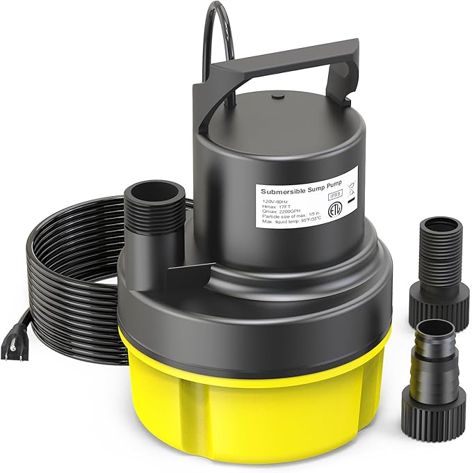 AgiiMan 1/2HP Submersible Water Pump, 2200GPH Portable Sump Pump for Pool Draining, Pool Cover Pump with 25FT Power Cord for Basements, Pool, Fountains, Hot Tub, Garden, Yellow