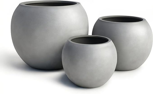 DTY Mount Sherman 12.6" D x 10'' H (Pot Opening 8.5") Fiberstone Round Planter with Drainage Hole, Smooth Finishes, Weather Resistant for Indoor and Outdoor, 2 Extra Coco Mats - Gray, Small