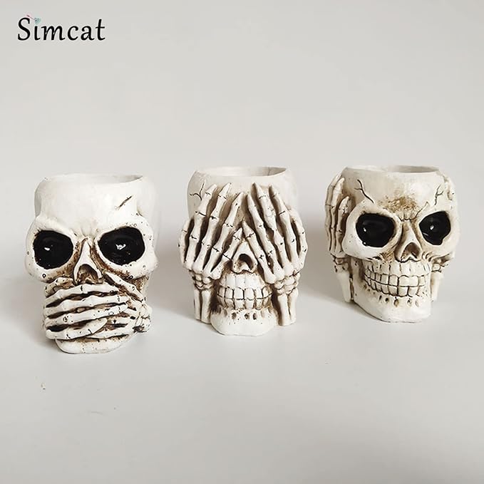 Simcat Succulent Pots with Drainage Mini Creative Skull Decor Resin Flower Pot 3 Cactus Planter Pots Succulent Plant Pots + Removable Drainage Stopper for Home Office Desktop Windowsill Décor