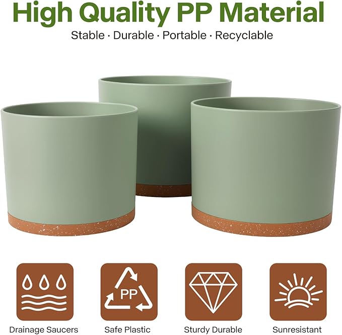GARDIFE 10/9/8 Inch Modern Cylinder Planter, Plant Pots for Indoor Outdoor Plants, Flower Pots with Drainage Holes and Saucers for Garden Succulent Nursery House Plants (Green-Brown)