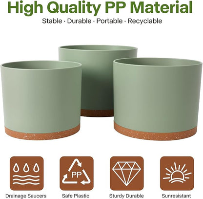 GARDIFE 10/9/8 Inch Modern Cylinder Planter, Plant Pots for Indoor Outdoor Plants, Flower Pots with Drainage Holes and Saucers for Garden Succulent Nursery House Plants (Green-Brown)