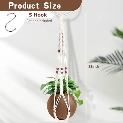 Handmade Macrame Plant Hanger with 2PCS Hooks, Elegant Hanging Plant Holder for Indoor Outdoor Plants, Sturdy Hanging Planters with No Tassel, 33 Inch, Ivory