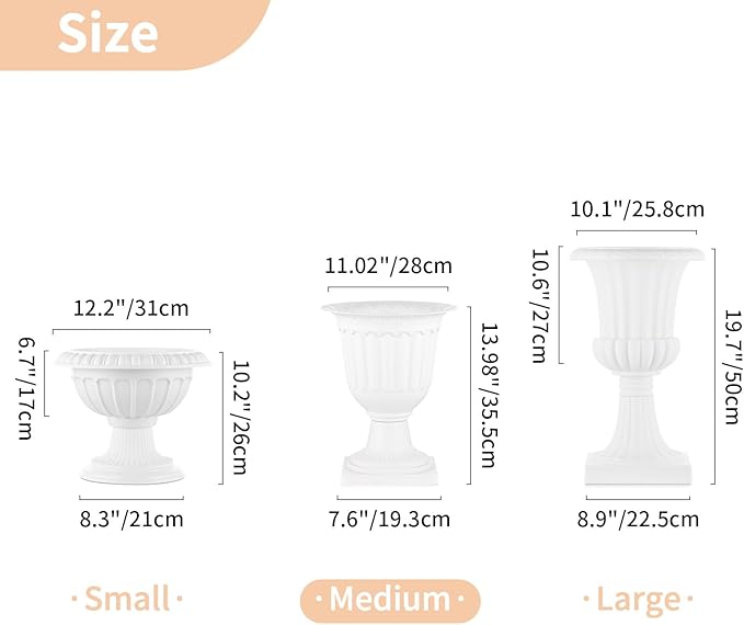 NUPTIO 6 Pcs Classic Urn Planter, 13.98 inch Tall Large Plastic Outdoor Urns Planters, Pedestal Flower vases Plant Pot, Resin Grecian Plants Pots for Garden Porch Front Door, White