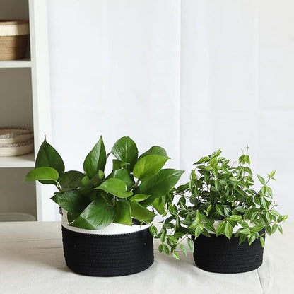Tiered Macrame Hanging Planter One-Piece Cotton Woven Rope Flower Pots,Indoor Outdoor Home Decor Waterproof Lining Hydroponic Plant Baskets Pots-Black
