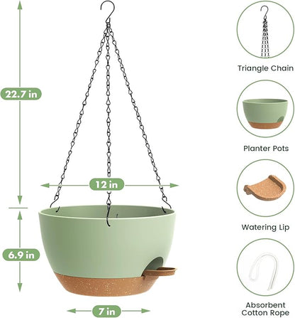 2 Pack 12 Hanging Flower Pots with Chains Self Watering Plastic Planters for Indoor Outdoor Plants, Sturdy Triangular Iron Chain Design for Garden PorchPlastic hanging flower pots (2, Green Brown)