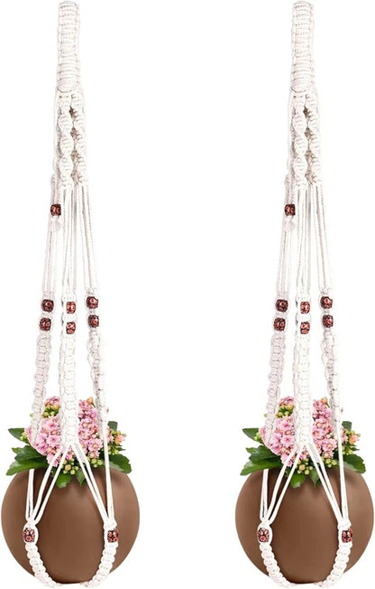 Macrame Plant Hanger with Colored Wood Beads and 4PCS Hooks, Elegant Hanging Plant Holder for Indoor Outdoor Plants, Sturdy Hanging Planters with No Tassel, 33 Inch, Ivory, Set of 2