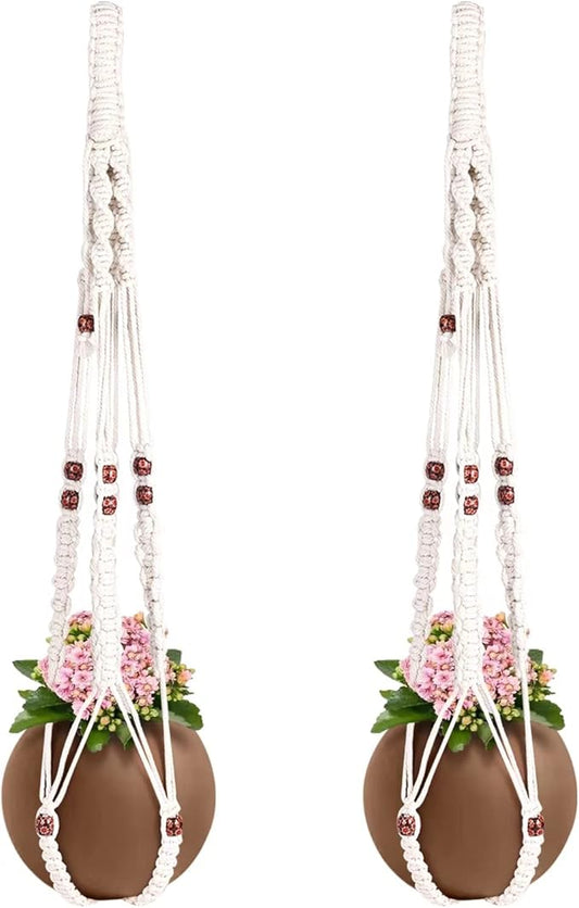 Macrame Plant Hanger with Colored Wood Beads and 4PCS Hooks, Elegant Hanging Plant Holder for Indoor Outdoor Plants, Sturdy Hanging Planters with No Tassel, 33 Inch, Ivory, Set of 2