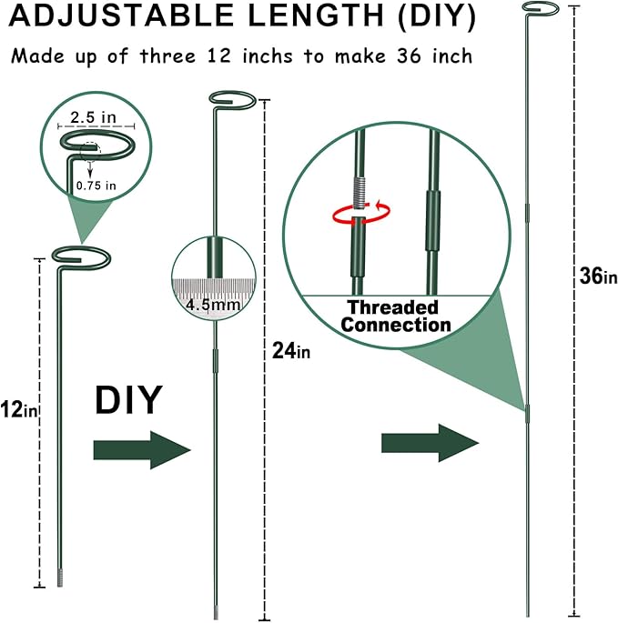 36 Inch Plant Sticks Support Tall Three Sizes (12 or 24 or 36 Inch), 8 Pcs 4.5mm Adjustable Outdoor and Indoor Plant Support, Garden Stakes for Plants Flowers Rose Tomatoes Peony Lily Rose Amaryllis