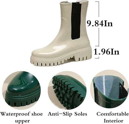Women'S Waterproof Lug Sole Rain Boots Fashion Elastic Slip On Comfortable Platform Chunky Heel Chelsea Ankle Boots Casual Outdoor Non-Slip Rubber Garden Booties