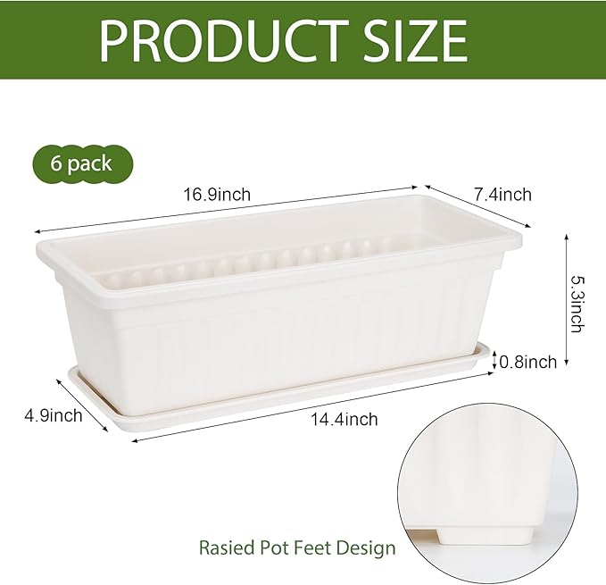 HOXHA 6 Pack Window Box Planter, 17 Inches Vegetable Flower Plastic Planter Boxes with Tray, Rectangular Planter Indoor and Outdoor Flower Pots for Windowsill, Patio, Porch, Garden Balcony, White