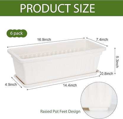 HOXHA 6 Pack Window Box Planter, 17 Inches Vegetable Flower Plastic Planter Boxes with Tray, Rectangular Planter Indoor and Outdoor Flower Pots for Windowsill, Patio, Porch, Garden Balcony, White