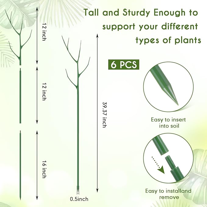 6 Pack 39.37" Stackable Plant Support Stakes Plant Support for Indoor Outdoor Green Twig Plant Sticks with Extension Poles Plastic Branch Trellis for Climbing Potted Flower Monstera