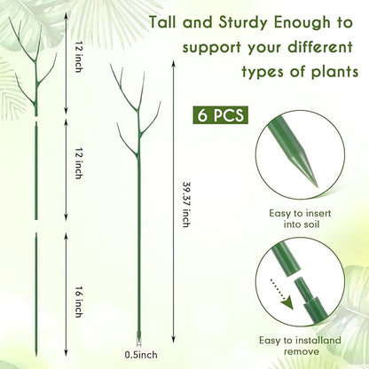 6 Pack 39.37" Stackable Plant Support Stakes Plant Support for Indoor Outdoor Green Twig Plant Sticks with Extension Poles Plastic Branch Trellis for Climbing Potted Flower Monstera