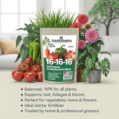 Gardenera 16-16-16 Premium All Purpose Professional Fertilizer - Lawn, Flower, Tree, Shrub & Vegetable Fertilizer (8 OZ)