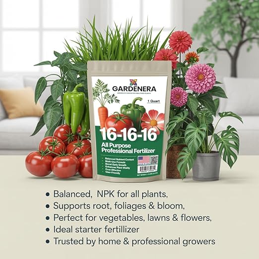 Gardenera 16-16-16 Premium All Purpose Professional Fertilizer - Lawn, Flower, Tree, Shrub & Vegetable Fertilizer (12 OZ)