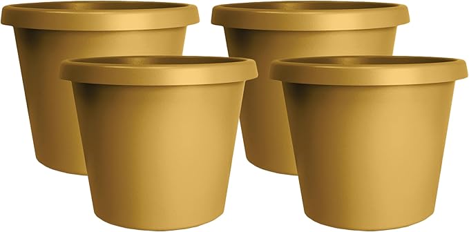 The HC Companies 14 Inch Round Prima Planter - Plastic Plant Pot with Rolled Rim for Indoor Outdoor Plants Flowers Herbs, Honey (Pack of 4)