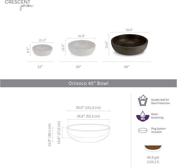 Crescent Garden Extra Large Outdoor Planter Bowl with Drain Hole for Water Gardens, Fountains, Decorative Landscaping - 40" W x 15" H (Weathered Concrete)