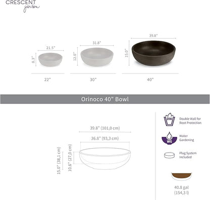 Crescent Garden Extra Large Outdoor Planter Bowl with Drain Hole for Water Gardens, Fountains, Decorative Landscaping - 40" W x 15" H (Weathered Concrete)