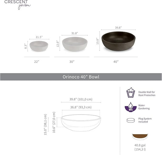 Crescent Garden Extra Large Outdoor Planter Bowl with Drain Hole for Water Gardens, Fountains, Decorative Landscaping - 40" W x 15" H (Weathered Concrete)